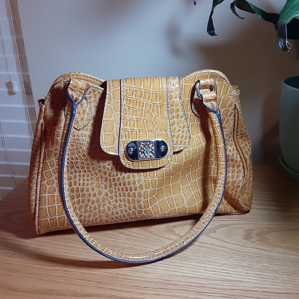 Rich Mustard Croc Pattern Faux Leather Handbag Purse